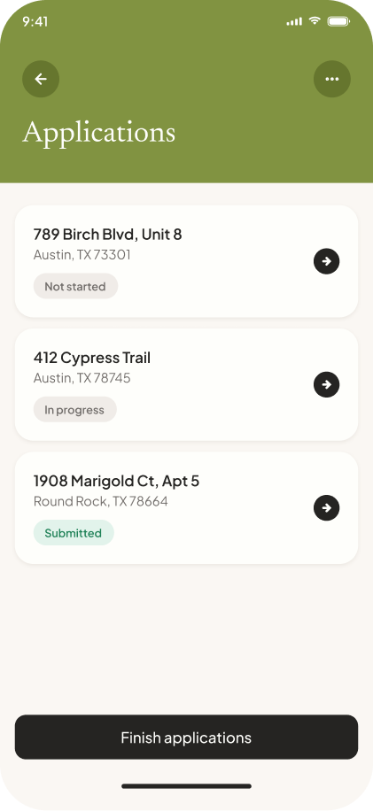 Applications list showing three rental applications: not started, in progress, and submitted.