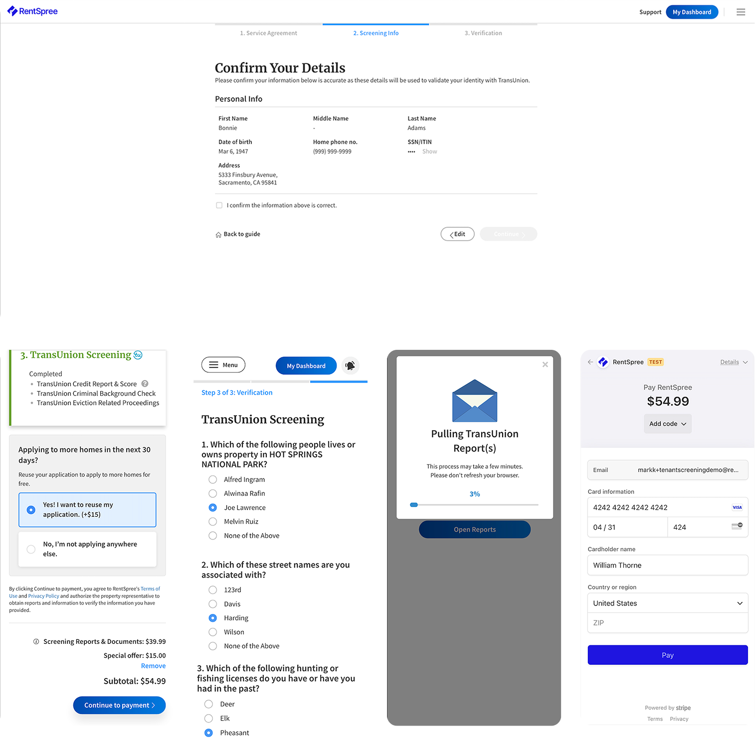 The original RentSpree application flow: a desktop identity-confirmation screen, then mobile screens for TransUnion screening questions, the reusable-application upsell, the report-pulling loader, and payment.
